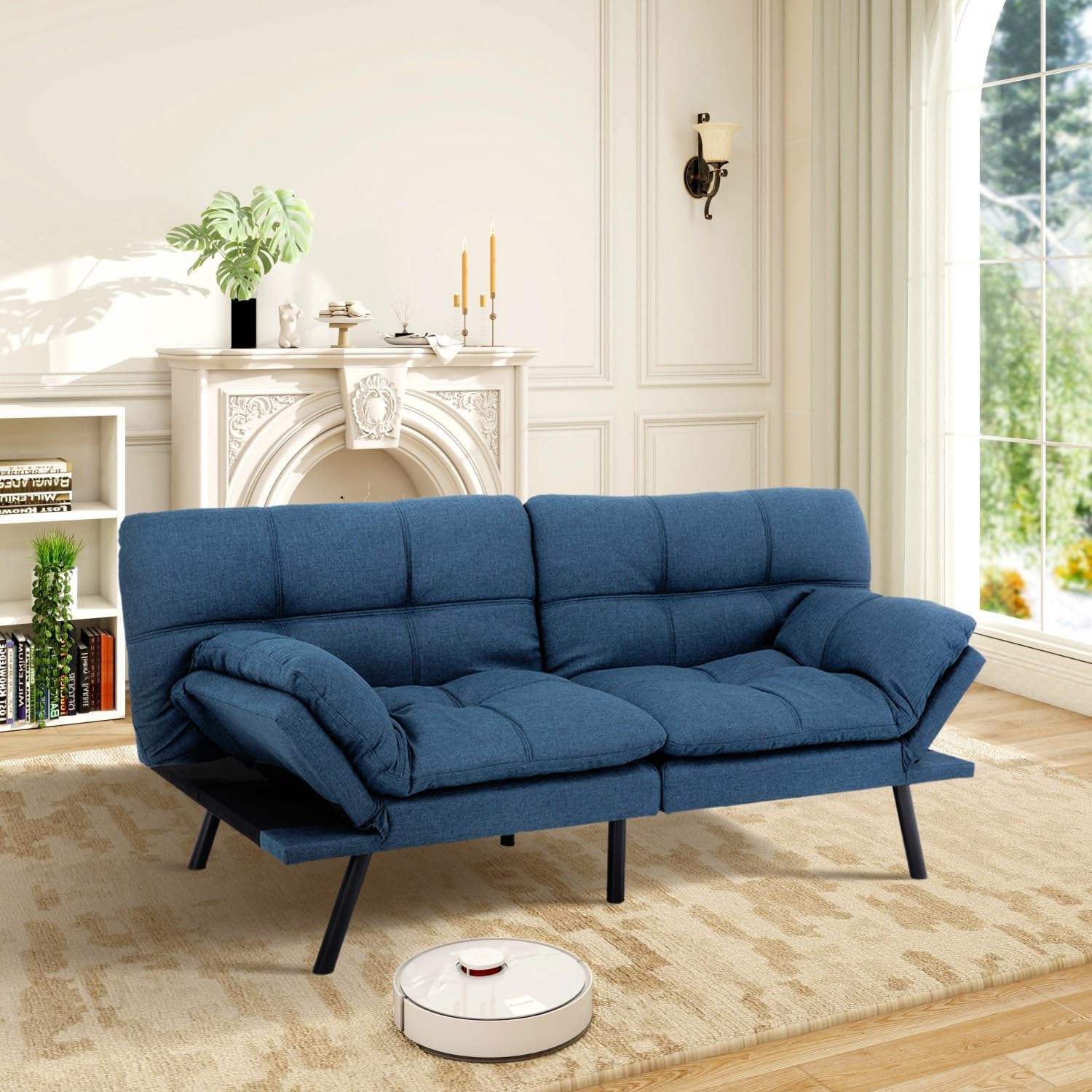 MUUEGM Futon Sofa Bed Memory Foam Navy Blue Futons Modern Office Couch Sleeper Bed Convertible Love seat Sofa for Small Spaces,Apartment,Office with Adjustable Armrest Backrest