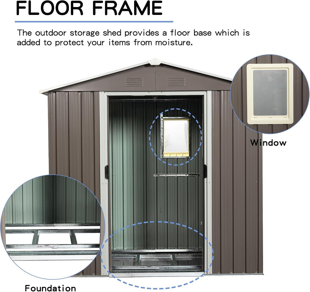 89in x 47in Heavy-Duty Outdoor Metal Storage Shed with Floor Foundation & Window - Galvanized Steel Tool Shed, Tiny Home Backyard Solution w/Lock, Shelves & Anchors,Gray