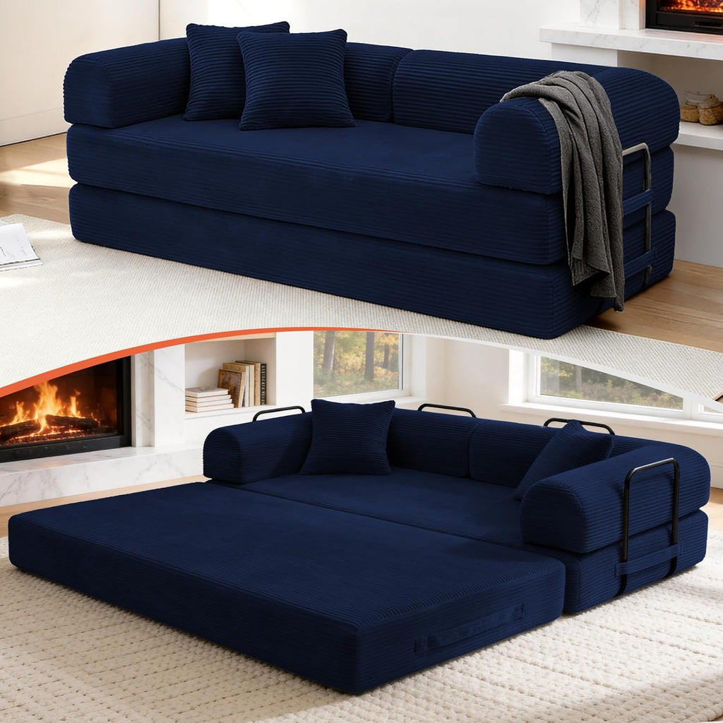 79' Corduroy Sofa Bed, Boneless Couch in a Box with 2 Pillows, High-Density Foam 4-in-1 Foldable Sleeper Futon Loveseat for Small Spaces, No Assembly, Side Pockets, Round Arm Blue