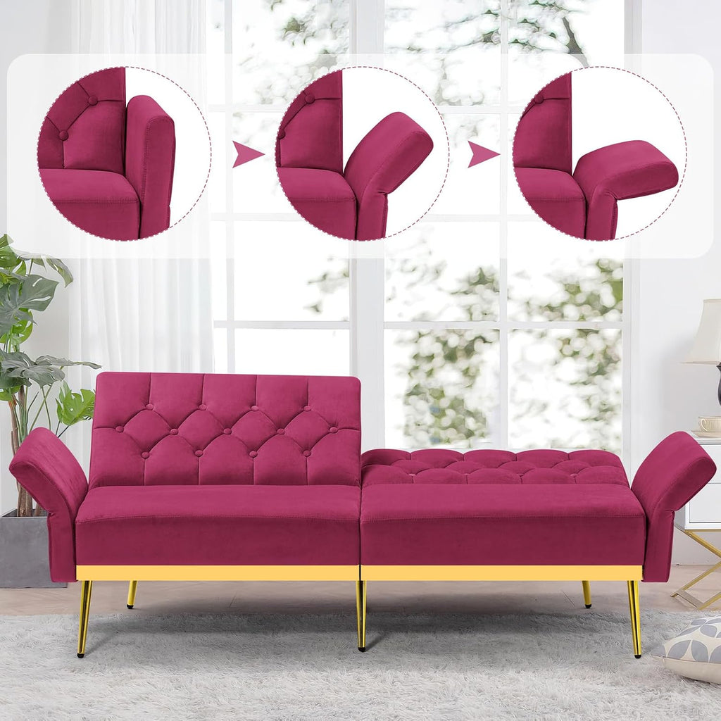 2 Pieces Velvet Sofa Set w/Adjustable Armrests and Backrests, Tufted Accent Chair w/Ottoman, Convertible Futon Sofa Bed for Bedroom, Living Room, Apartment, Fuchsia