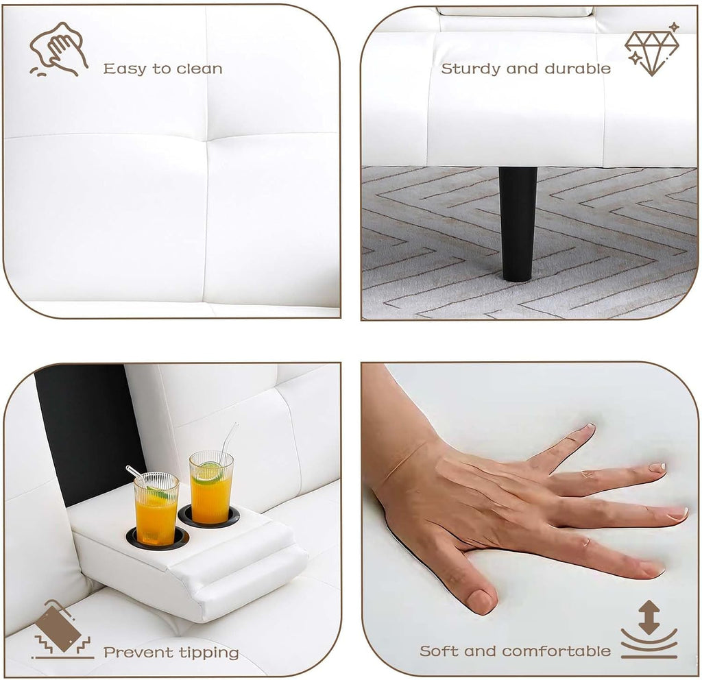 67' Futon Sofa Bed,Convertible Sofa Bed with 2 Cup Holders,Sleeper Couch PVC Leather Removable Soft Armrest Small Couch for Living Room Apartments ﻿ (White)