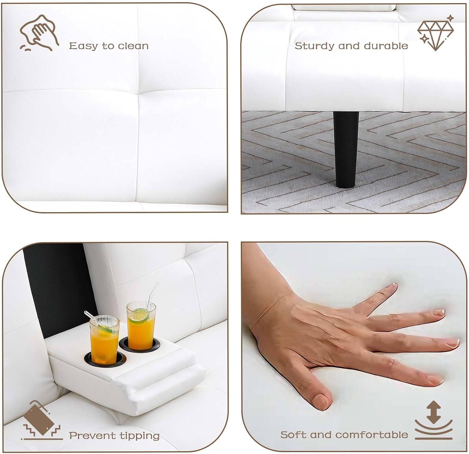 67' Futon Sofa Bed,Convertible Sofa Bed with 2 Cup Holders,Sleeper Couch PVC Leather Removable Soft Armrest Small Couch for Living Room Apartments ﻿ (White)