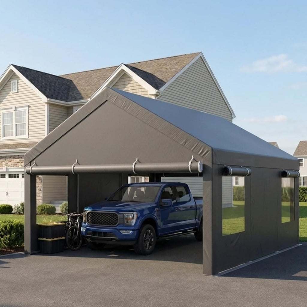 12x20 FT Heavy Duty Carport Canopy, All-Weather Vehicle Shelter with Roll-up Ventilation Windows & Removable Sidewalls, Portable Garage for SUV, Truck, Boat, Gray