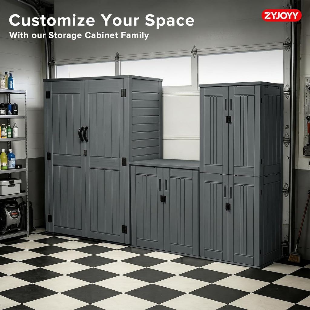 ZYJOYY 4.5 x 5.7 FT Outdoor Storage Shed, 59 Cuft Outside Waterproof Storage Cabinet, HDPE Resin Plastic 385 Gallon Outdoor Storage Container, Vertical Lockable Storage Shed, Grey