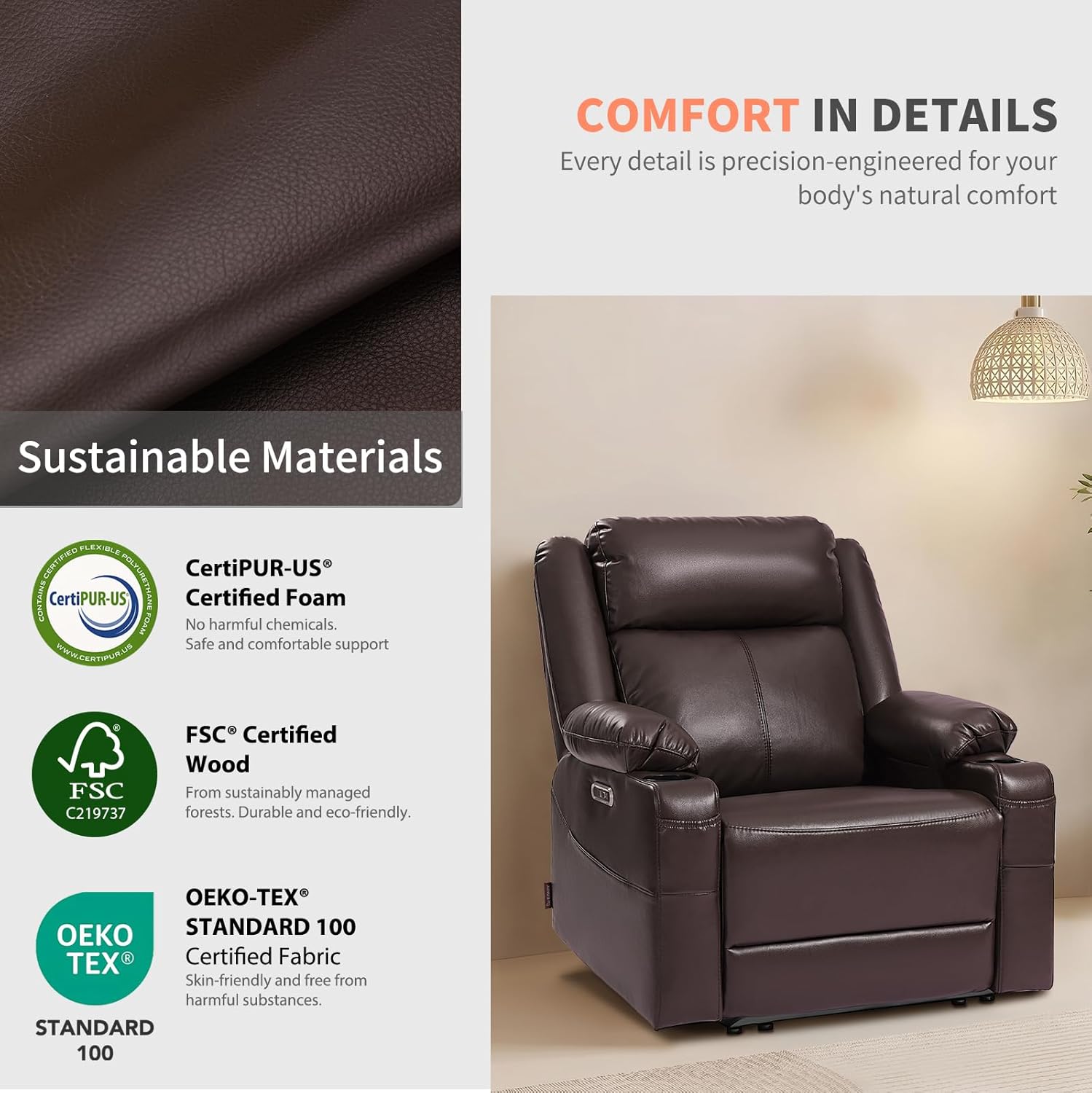 EONIX Wide Power Wall Hugger Recliner Chair for Small Space, Real Zero Clearance Power Recliner for RV, Living Room, Bedroom, 400lbs Heavy Duty, SXXY012992, Chocolate Brown