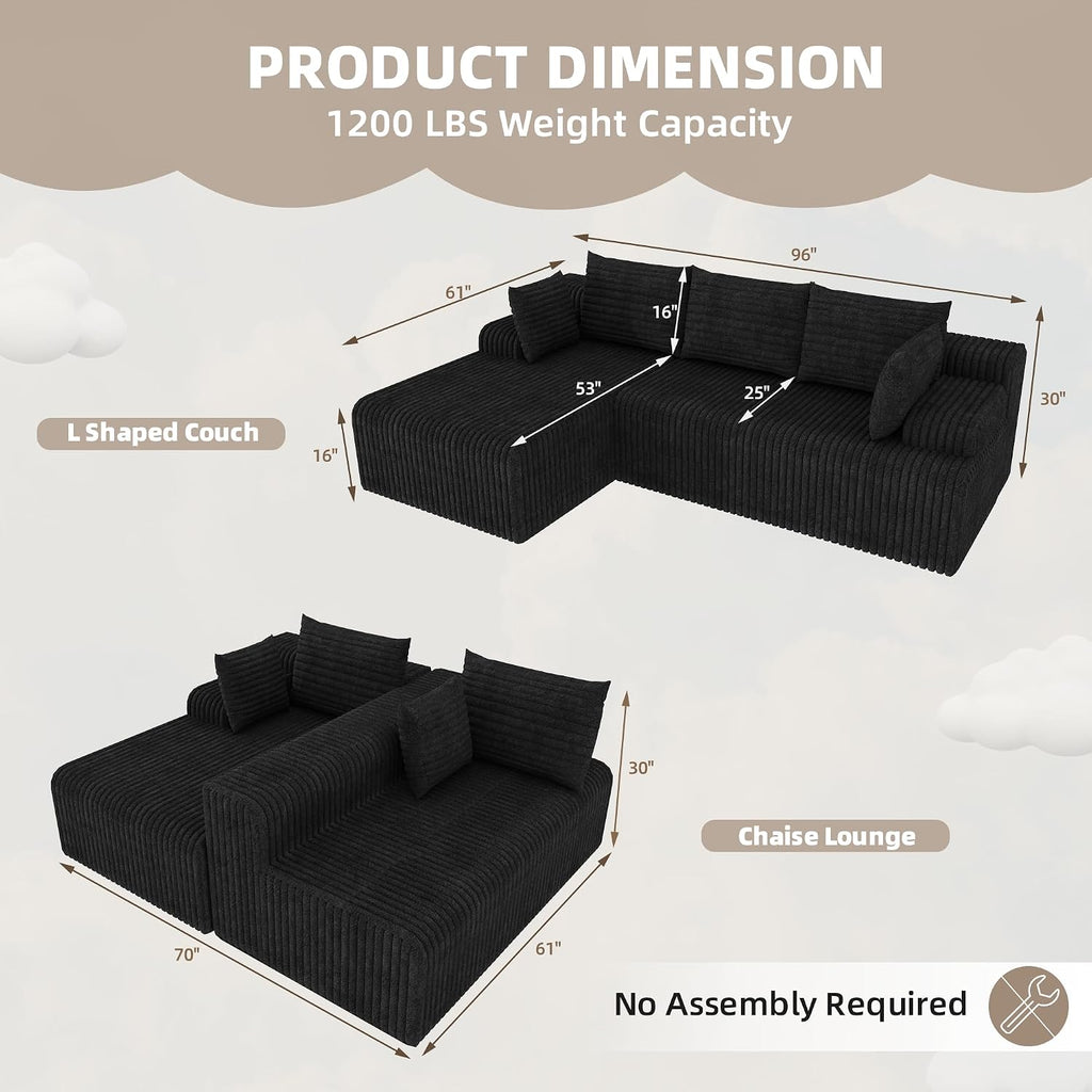 2026 New Boneless Couch, No Assembly Cloud Couch Sectional with Deep Seat & Chaise for Small Spaces, Upholstered Boneless Sectional Couch for Living Room, L Shaped Couch with Left Facing Chaise, Black