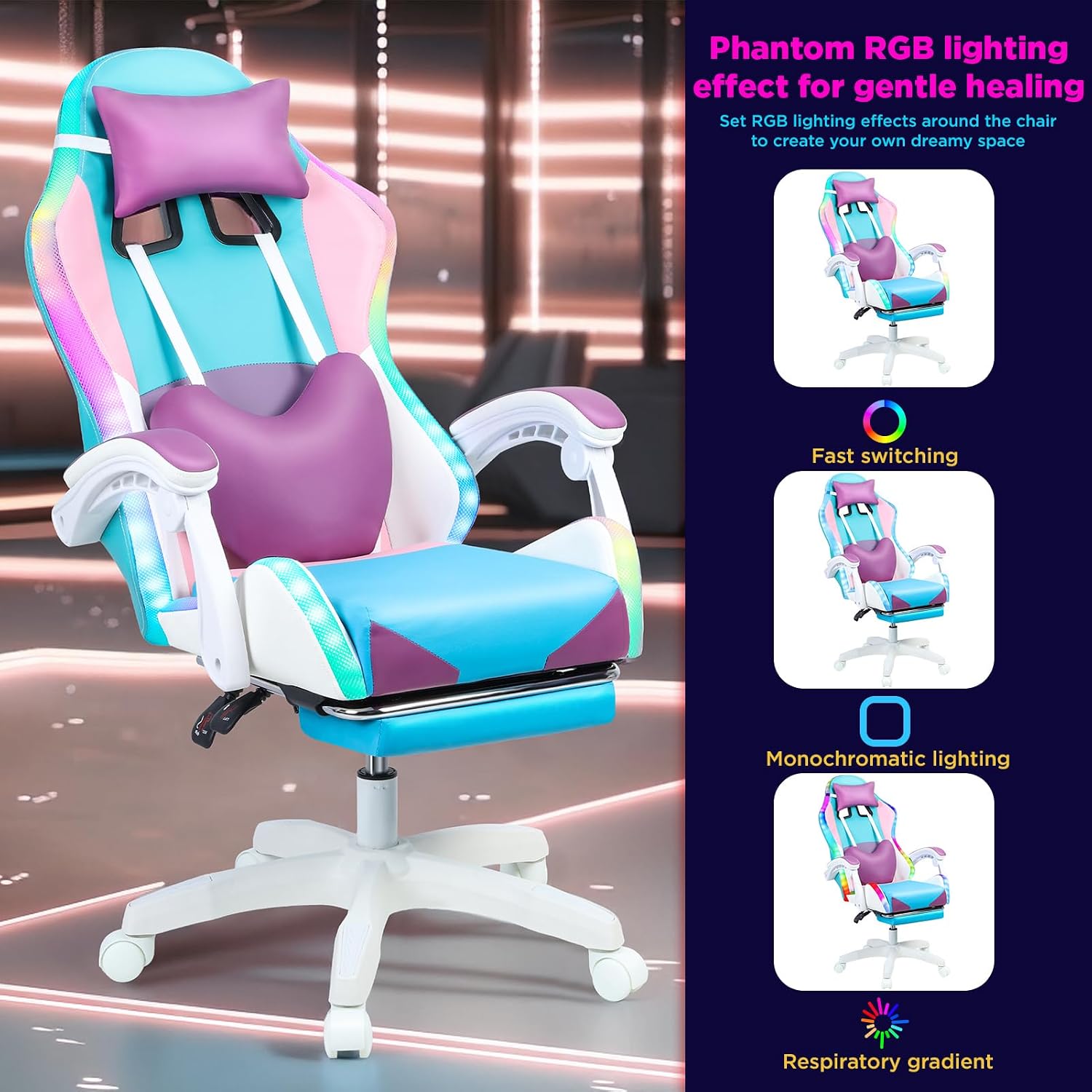Gaming Chair with LED Lights, Gamer Chair with Height Adjustable, Ergonomic Massage Computer Gaming Chair with Footrest, Video Game Chair with Lumbar Support for Adults