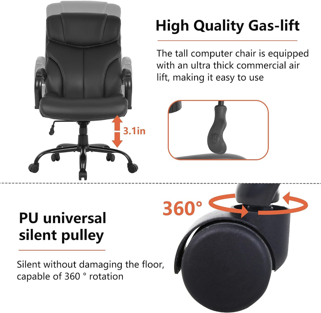 PayLessHere Big and Tall Office Chair Desk Chair 500lbs Wide Seat Ergonomic Chair with Arms and Lumbar Support Pu Leather High Back Executive Task Ergonomic Computer Chair for Back Pain, Black