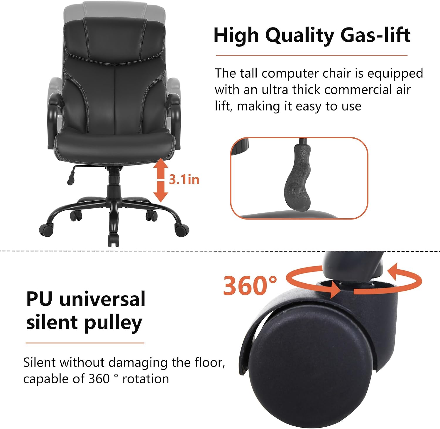 PayLessHere Big and Tall Office Chair Desk Chair 500lbs Wide Seat Ergonomic Chair with Arms and Lumbar Support Pu Leather High Back Executive Task Ergonomic Computer Chair for Back Pain, Black