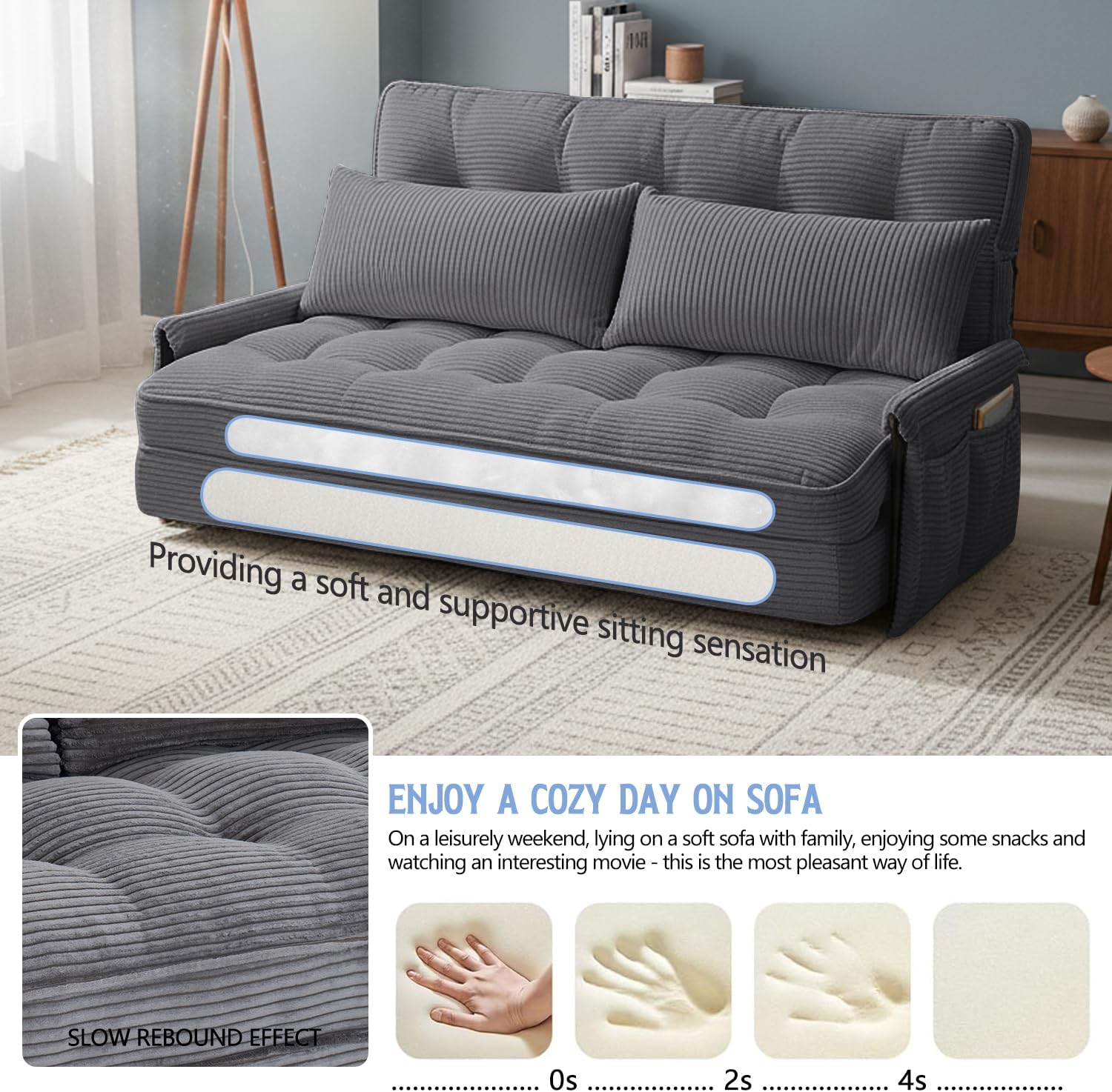 Convertible Futon Sofa Bed with Adjustable Backrest Pillows,Folding Loveseat Sleeper Sofa,Corduroy Pull Out Couches with Side Pocket for Living Room Bedroom Lounge,Grey