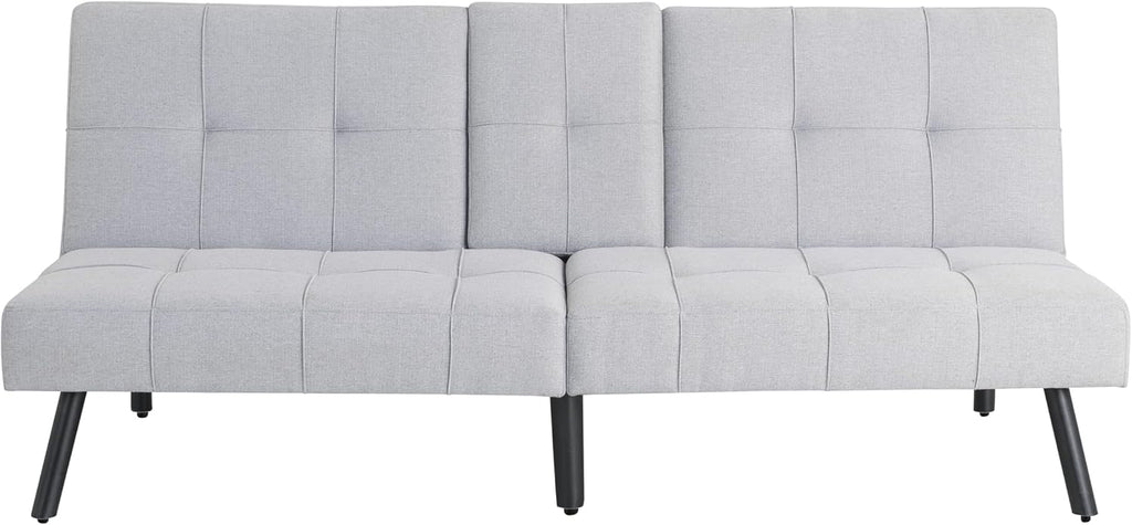 Serta Larken 65' Convertible Futon Sofa, Short Twin Size, Modern, Center Console w/Cup Holders, Dream Coil Comfort, Fingerguard Pinch Point Protection, Soft Woven Polyester Fabric, Light Gray