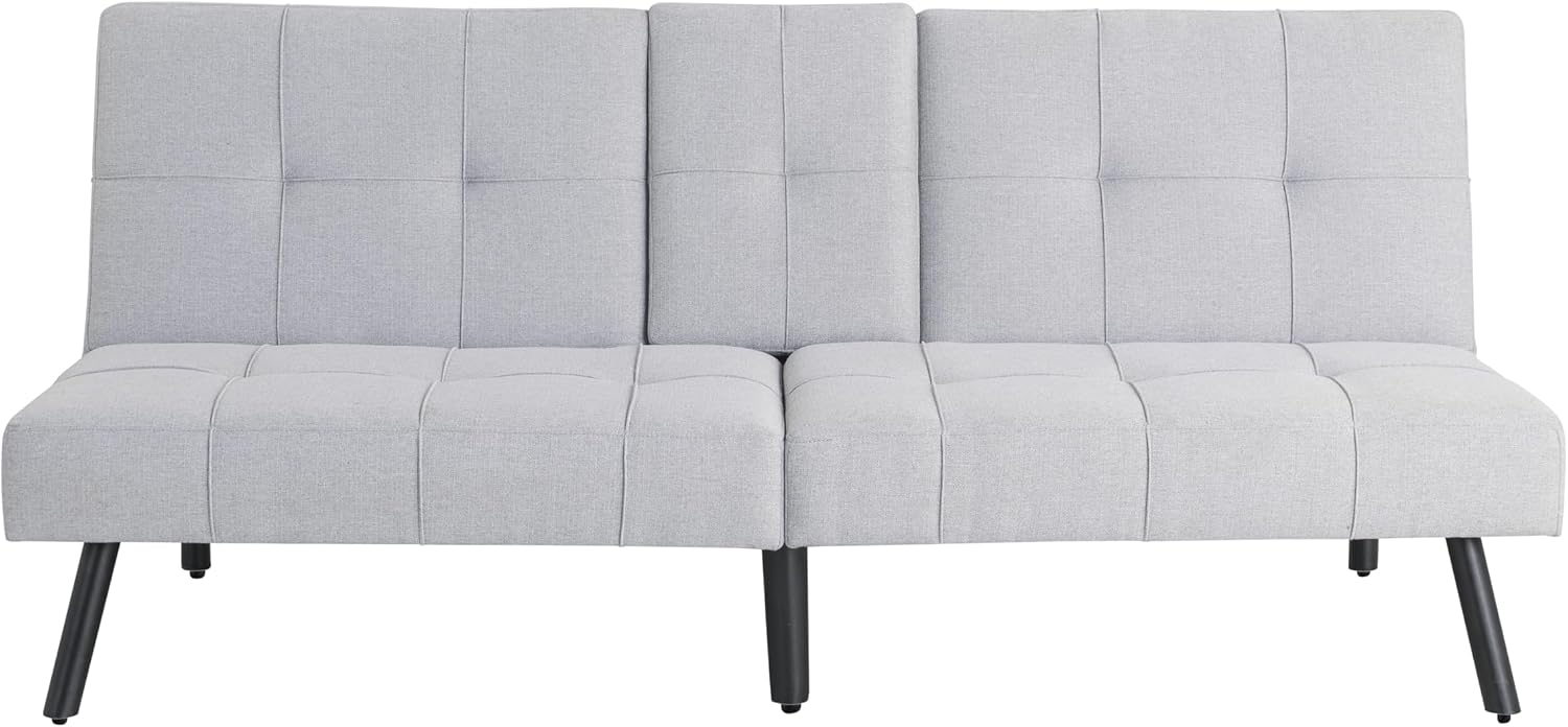 Serta Larken 65' Convertible Futon Sofa, Short Twin Size, Modern, Center Console w/Cup Holders, Dream Coil Comfort, Fingerguard Pinch Point Protection, Soft Woven Polyester Fabric, Light Gray