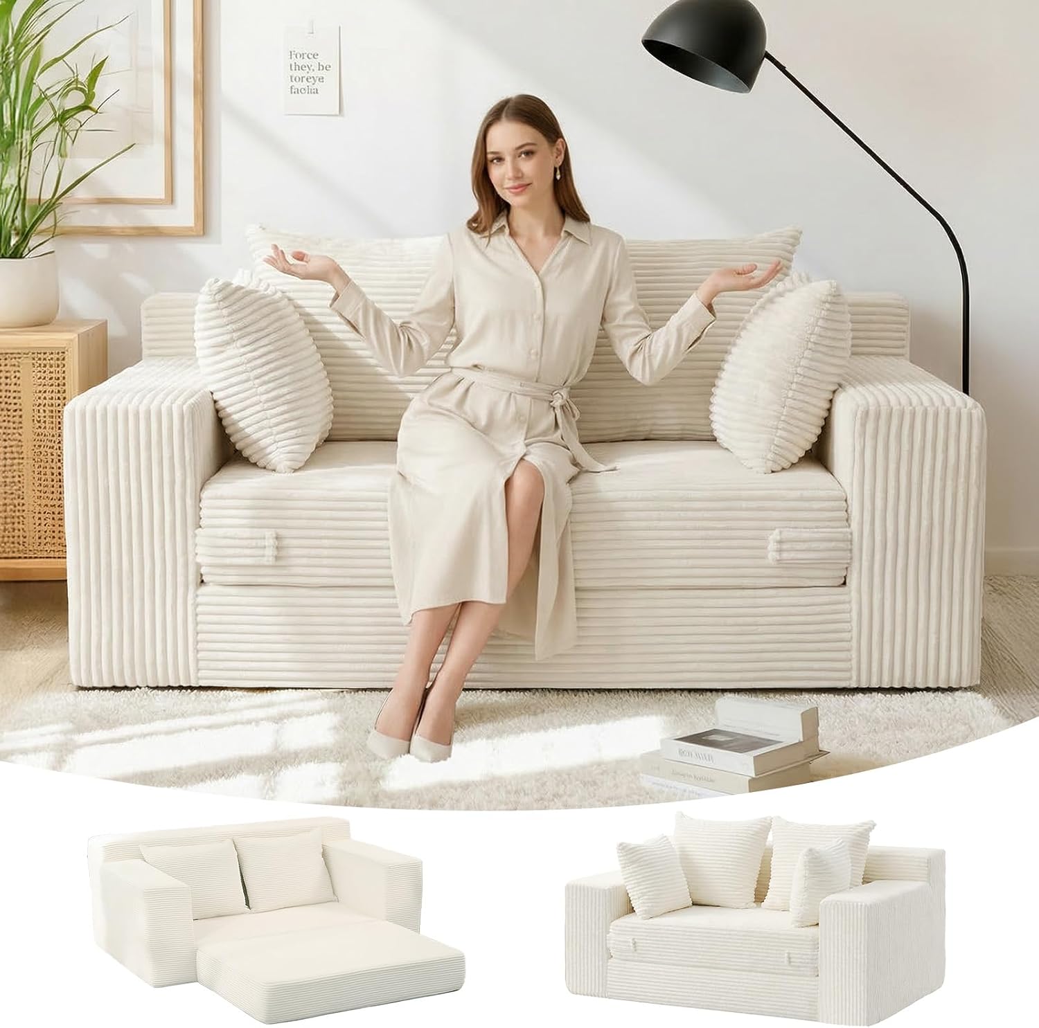 Boneless Loveseat Sleeper Sofa Bed, 3-in-1 Convertible Sofa Bed and Futon Couch with 4 Pillows, 55' Beige Boneless Couch for Living Room, Guest Room, Small Space, No Assembly Required, Corduroy