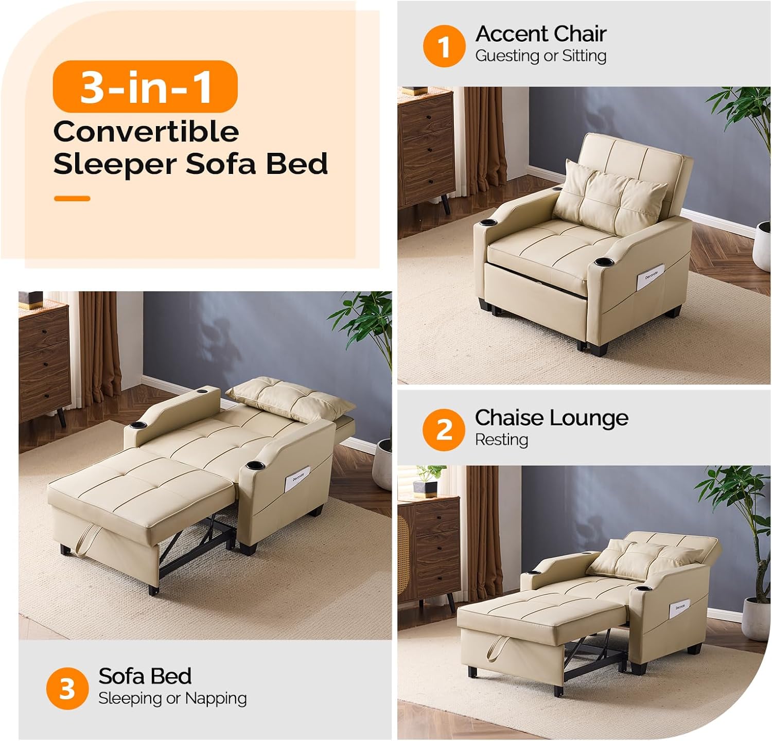 VINGLI Beige Sleeper Chair Bed 3-in-1 Convertible Futon Sofa Bed Pull Out Couch Bed Adjustable Recliner Chair with USB Ports Cup Holders Side Pockets for Living Room Bedroom Small Spaces