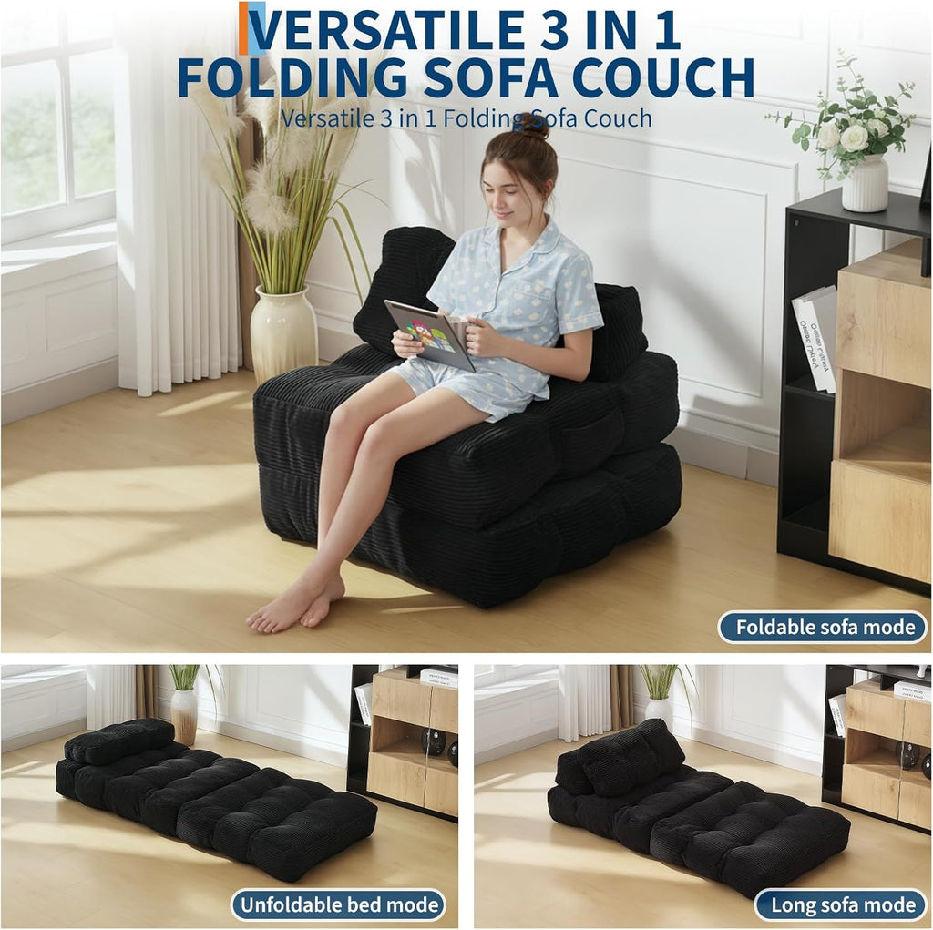 Folding Sofa Bed, 3-in-1 Convertible Sleeper Chair with Pillow, Single Futon Couch Bed with Back Support, Portable Fold Out Chair Bed Comfy Floor Sofa Lounge for Living Room Bedroom, Black