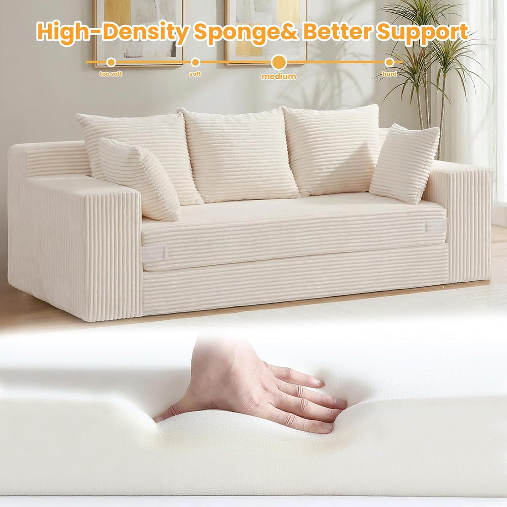 Boneless Couch 70 inch, 3 Seater Couch with Pull Out Bed, Boneless Loveseat Oversize Beige Futon Couch Floor Bed with 5 Pillows for Living Room Bedroom Lounge Small Space