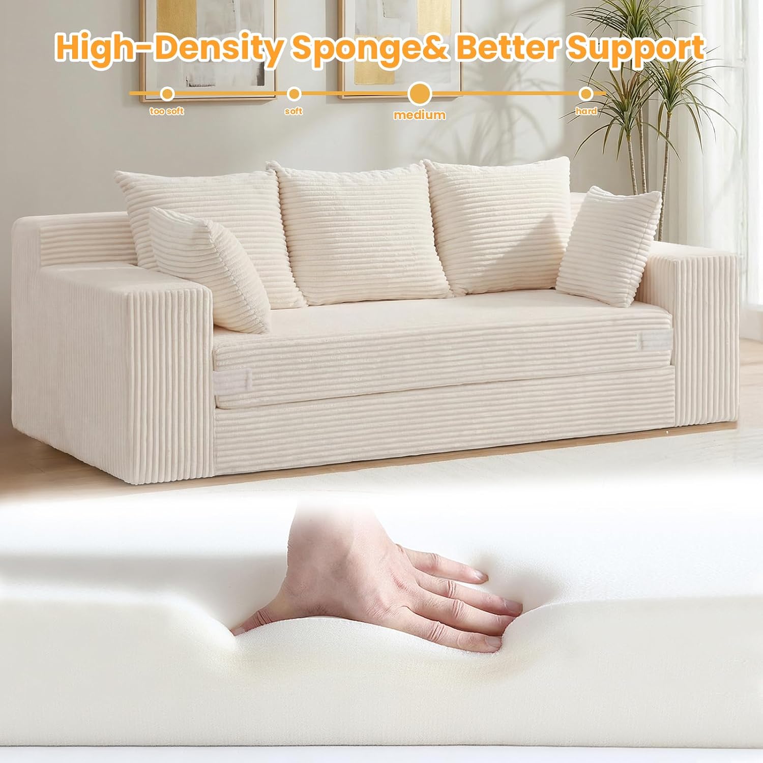 Boneless Couch 70 inch, 3 Seater Couch with Pull Out Bed, Boneless Loveseat Oversize Beige Futon Couch Floor Bed with 5 Pillows for Living Room Bedroom Lounge Small Space