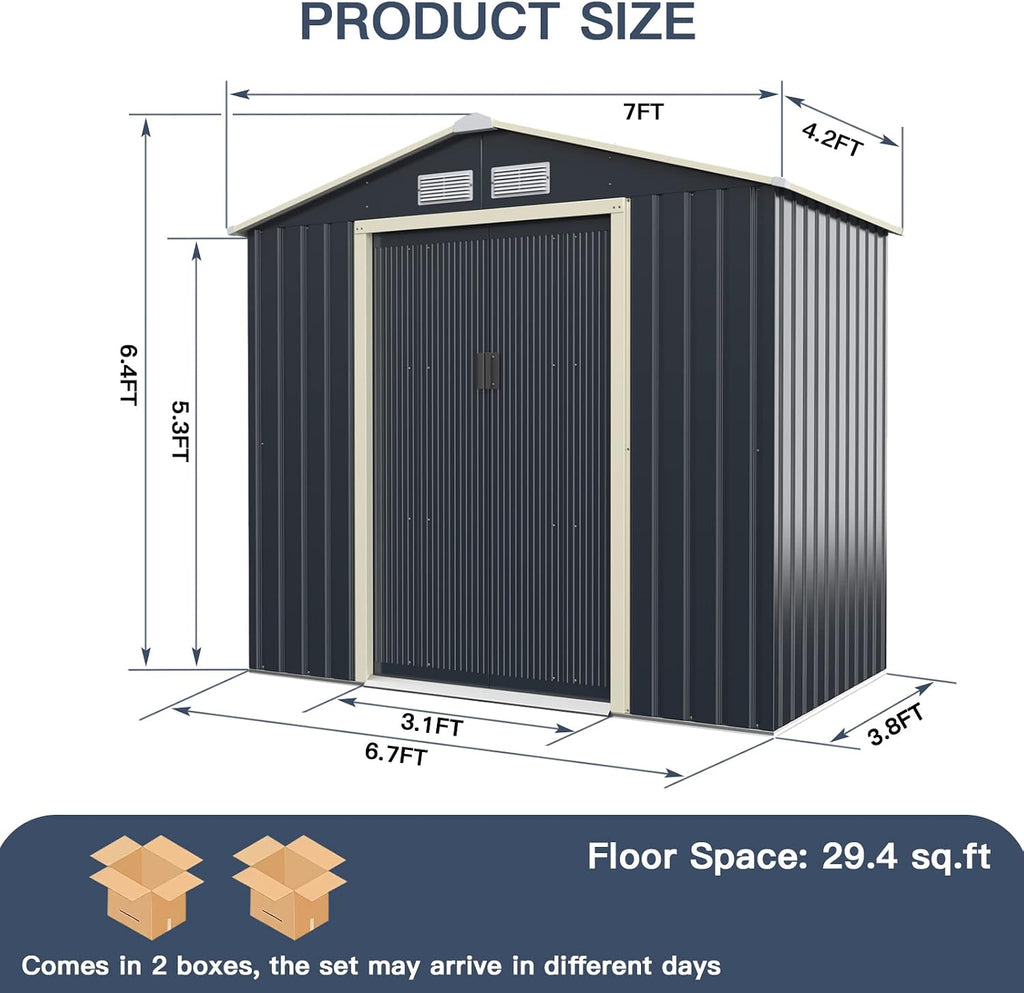 Giantex Outdoor Storage Shed with Double Sliding Door, Galvanized Metal Garden Storage Room, Front and Back Vent, Weather Resistant Tool Storage Shed for Backyard, Patio, Lawn (7 x 4 FT)