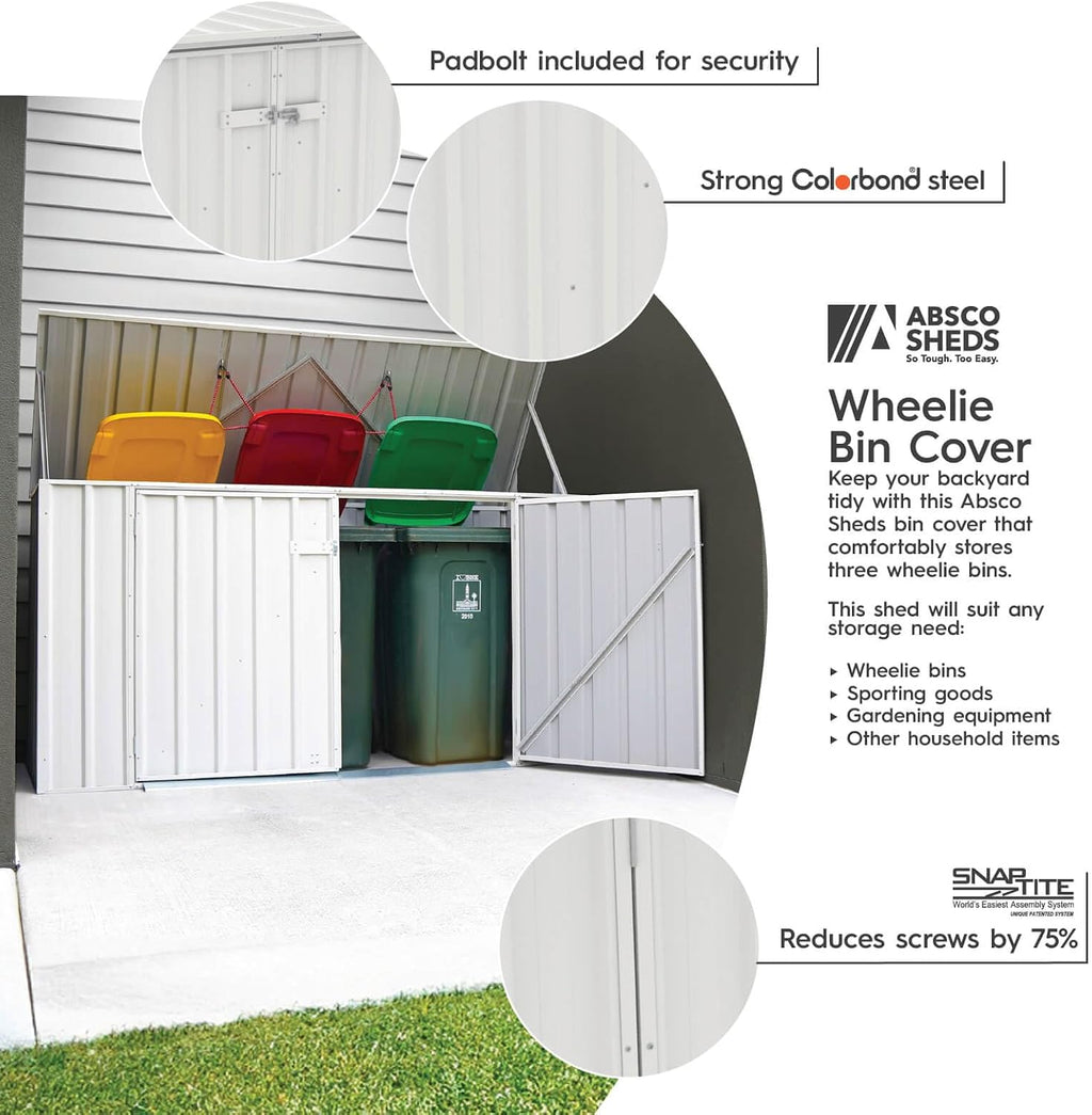Absco Utility 7.5 Ft. x 2.5 Ft. Garbage Can Metal Storage Shed DIY Galvanized Steel Sheds for Garbage Can, Trash Bin, and Junk Storage Tools, Firewood, Gardening Equipment (Surfmist White)