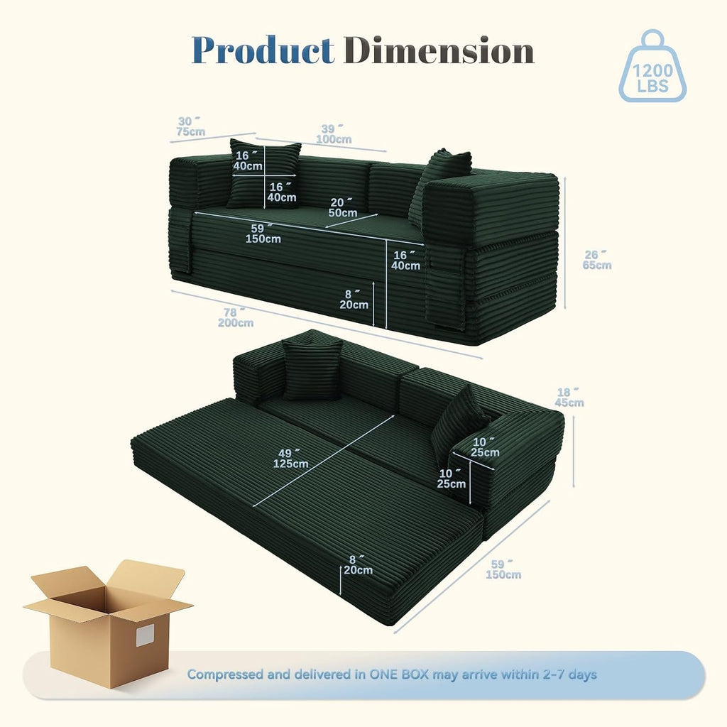 Convertible Sofa Bed,5-in-1FoldIing Couch Bed with Removable Armrests,Modular Futon Sleeper Sofa in Box with Pull Out Beds,Compression Boneless Couch for Living Room,Deep Green