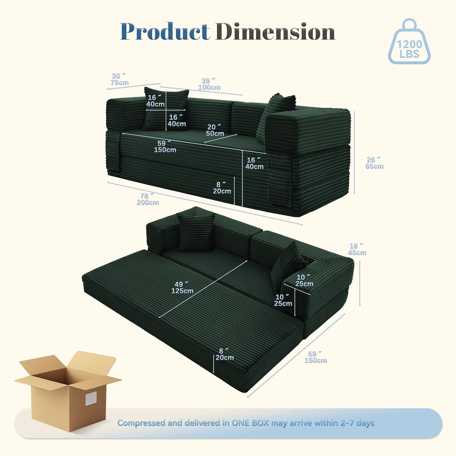 Convertible Sofa Bed,5-in-1FoldIing Couch Bed with Removable Armrests,Modular Futon Sleeper Sofa in Box with Pull Out Beds,Compression Boneless Couch for Living Room,Deep Green