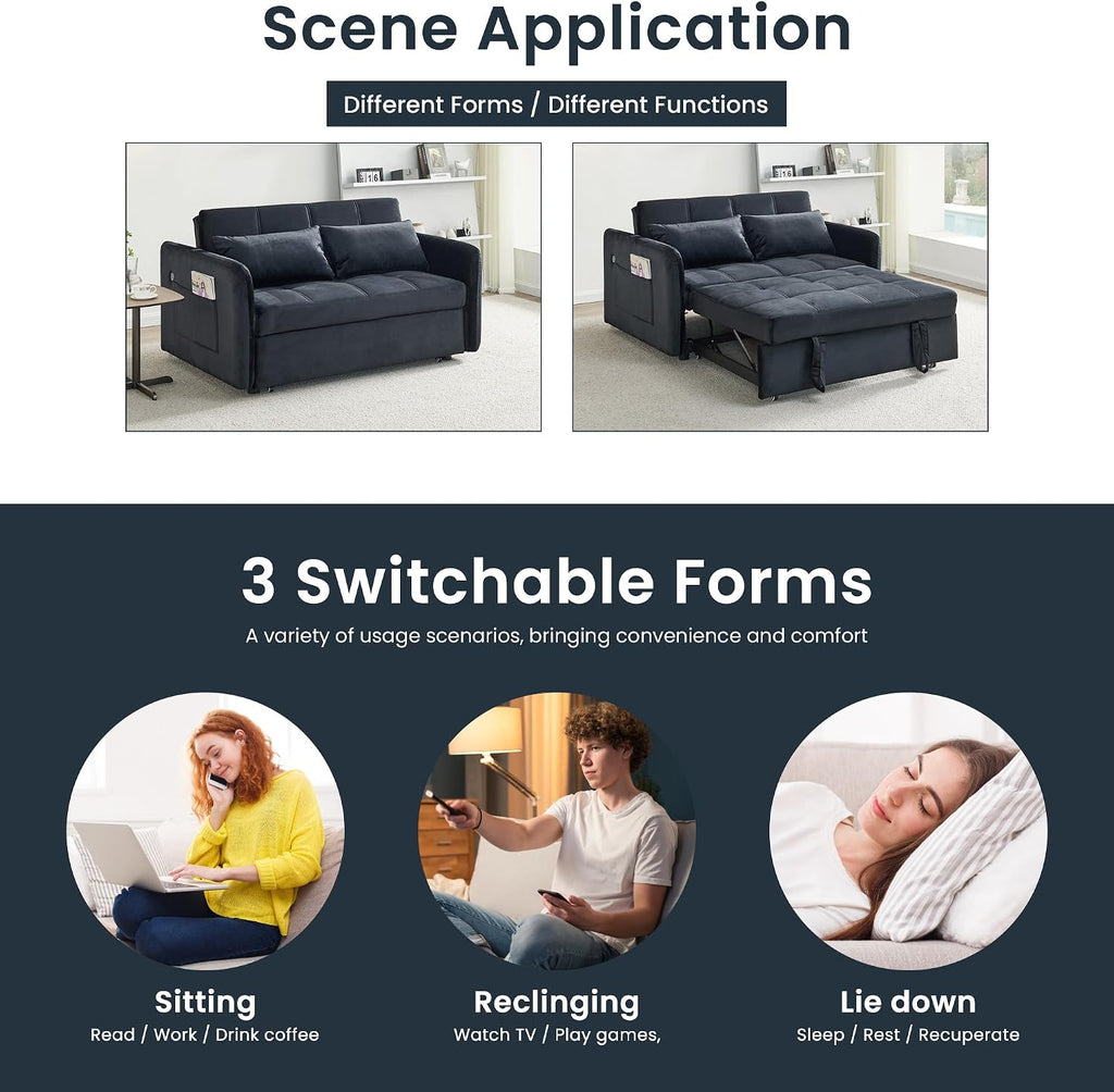 Loveseat Sleeper with USB Ports Velvet Pull Adjustable Backrest, Sofa Bed with Toss Pillows, Futon Couches for Living Room Apartment Office, Black