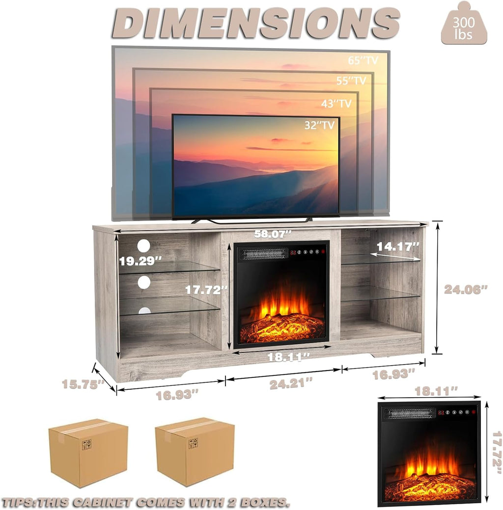 LEMBERI Fireplace TV Stand for up to 65 Inches TVs, LED Modern Entertainment Center with Built-in Electric Fireplace Heater & Adjustable Glass Shelves, Media Console for Living Room, Gray