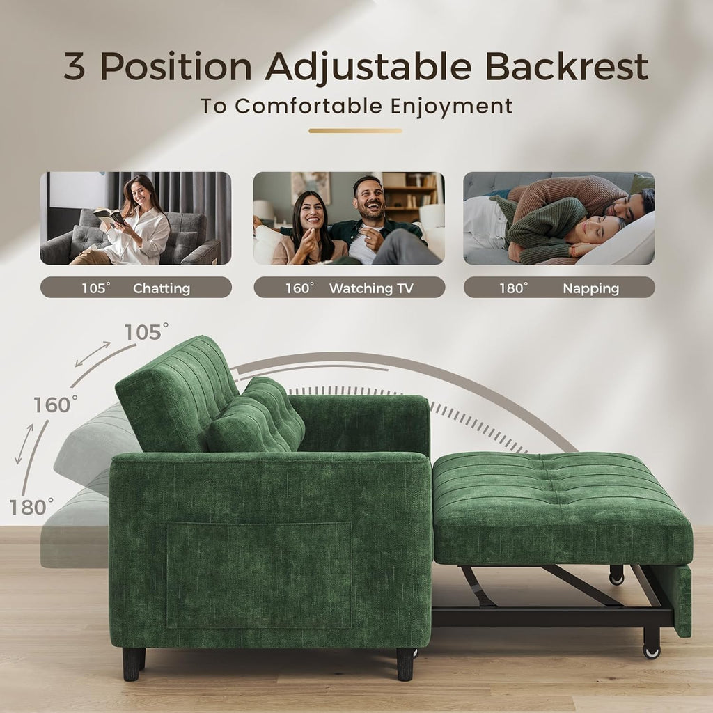 KKL 3 in 1 Convertible Small Sleeper Sofa Bed, Pull Out Couch Bed with Adjustable Backrest, Chenille Loveseat Pullout Couches with Side Pocket for Living Room, Bedroom,Green