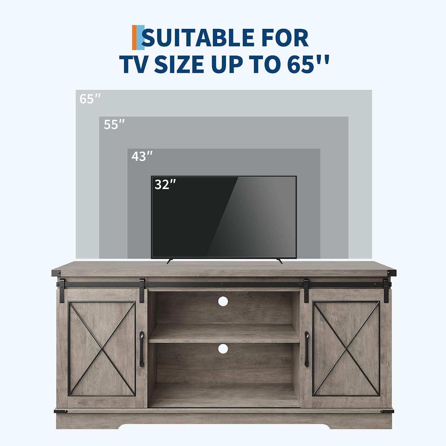 IDEALHOUSE Farmhouse TV Stand for 65 Inch TV, Entertainment Center with Sliding Barn Doors & Adjustable Shelves, Rustic Wood TV Console Table Media Cabinet for Living Room Bedroom, Grey