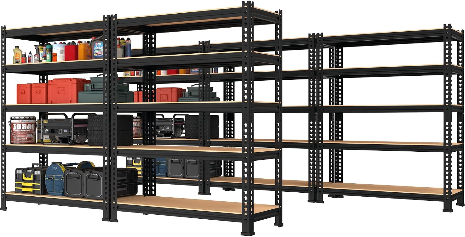 PrimeZone Storage Shelves 5 Pack 5 Tier Adjustable Garage Storage Shelving, Heavy Duty Metal Storage Utility Rack Organizer Shelf Unit for Warehouse Pantry Closet Kitchen Basement, Black