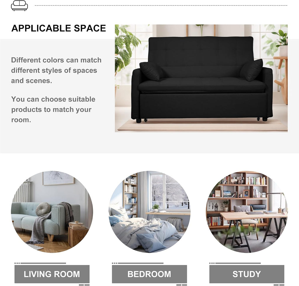 Oversized 3-in-1 Convertible Sleeper Sofa Bed, Futon Couch with Pullout Bed, 2-Seater Loveseat Sofa w/Pockets, Adjustable Backrest and Pillows for Living Room Apartment (Black-Button Tufted)