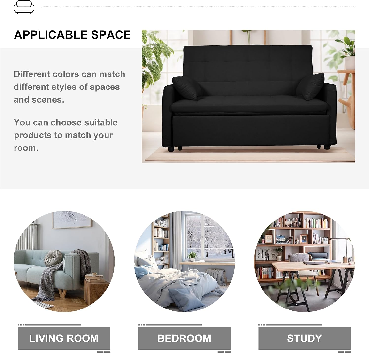 Oversized 3-in-1 Convertible Sleeper Sofa Bed, Futon Couch with Pullout Bed, 2-Seater Loveseat Sofa w/Pockets, Adjustable Backrest and Pillows for Living Room Apartment (Black-Button Tufted)