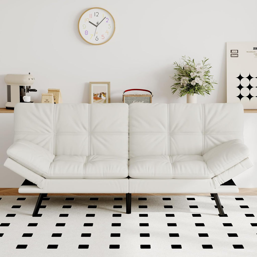Futon Sofa Bed Convertible Couch, White Faux Leather Sofa Bed with Memory Foam, Adjustable Backrest & Armrests, Multifunctional Small Loveseat Sleeper Sofa for Living Room, Apartment, Office