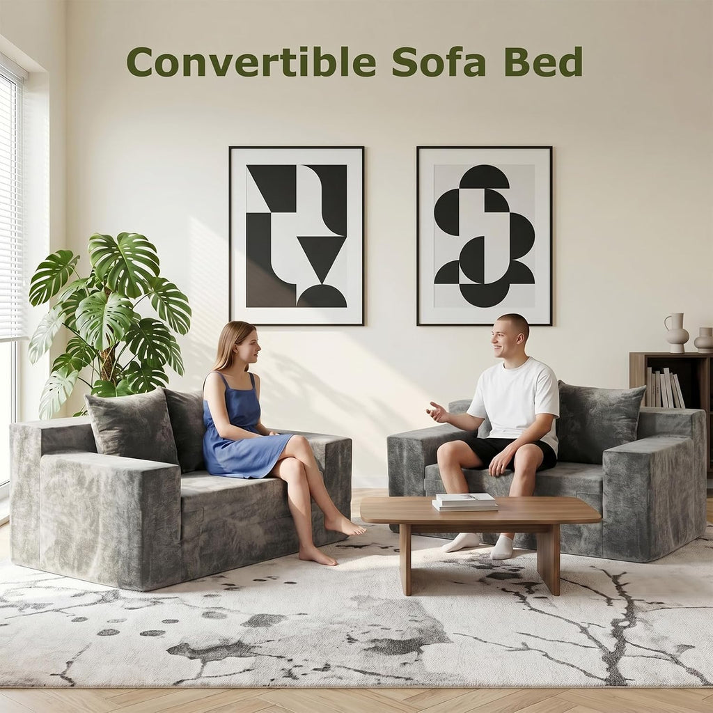 Boneless Couch Loveseat Sleeper, Convertible Sofa Bed Folding Couch Bed, Boneless Chair Bed & Futon Sofa Bed, Small Pull Out Couch Foldable with 4 Pillows for Living Room, Light Grey