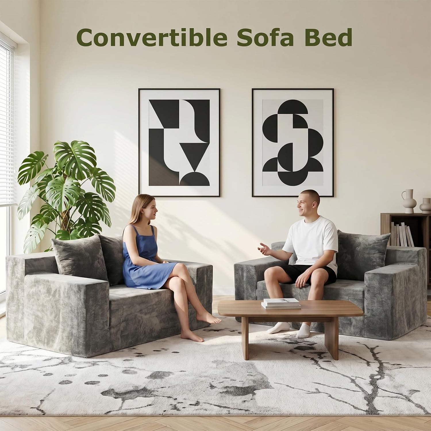 Boneless Couch Loveseat Sleeper, Convertible Sofa Bed Folding Couch Bed, Boneless Chair Bed & Futon Sofa Bed, Small Pull Out Couch Foldable with 4 Pillows for Living Room, Light Grey