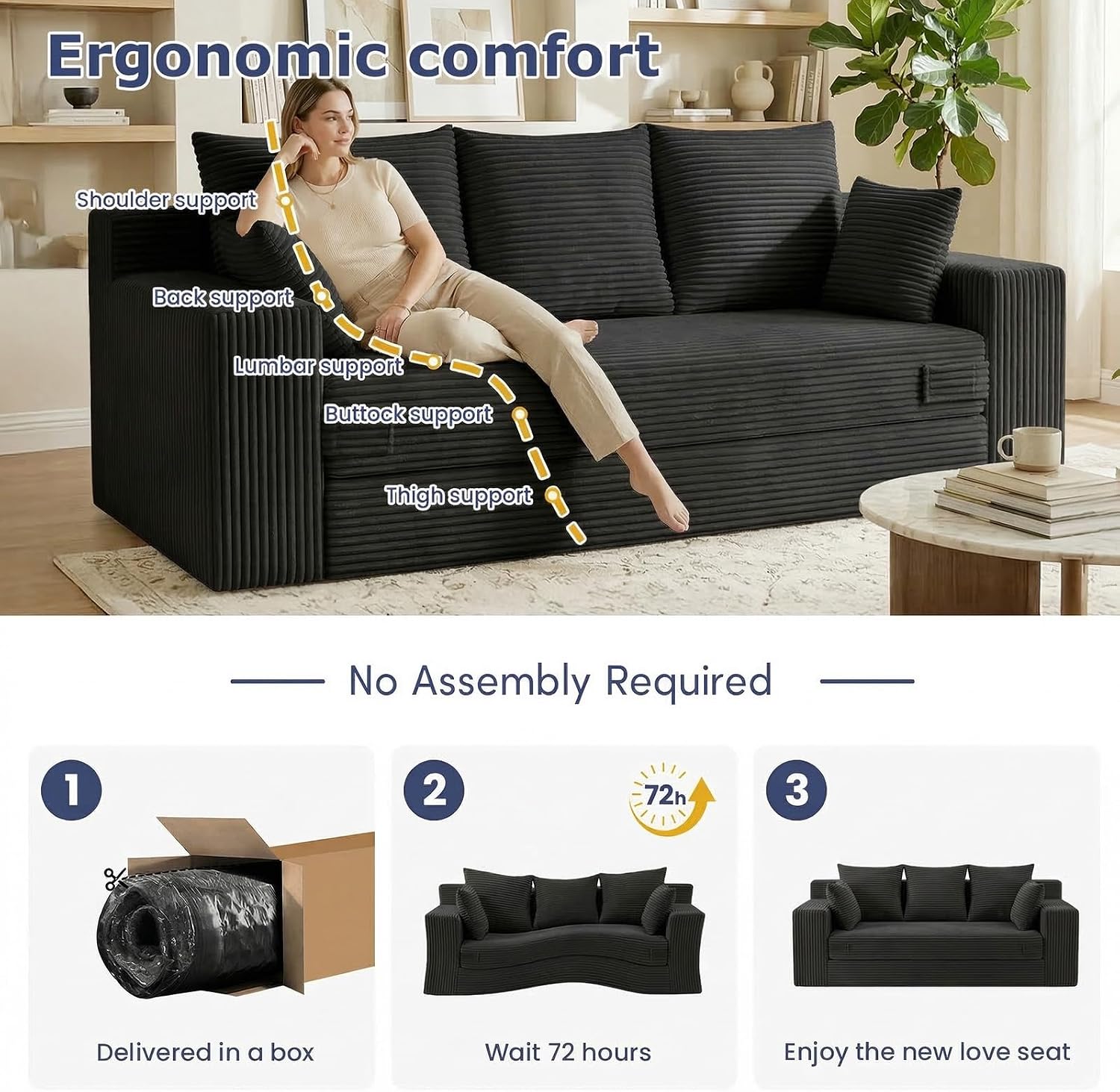 3 Seater Boneless Couch for Living Room, Convertible Futon Sofa Bed Comfy Pull Out Couch with 5 Pillows & Detachable Washable Cover, Upholstered Floor Sofa in A Box, No Assembly Required, Black