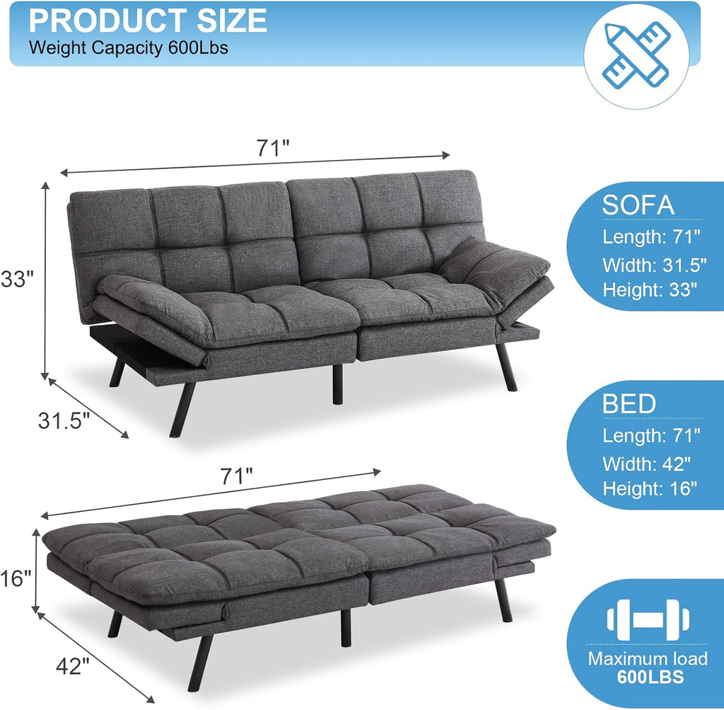 MUUEGM Futon Sofa Bed Couch Sofa, Memory Foam Futon Sleeper Sofa Loveseat Convertible Couch Bed for Small Compact Spaces, Apartment, Dark Grey.