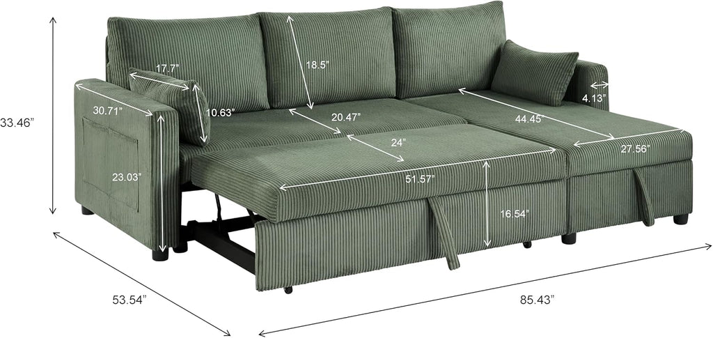 Queen Sleeper Sofa, Convertible Sofa Bed with Storage, 85 Inch Sectional Couch with Pull Out Bed, L Shaped 3 Seat Sectional Sleeper Sofa for Living Room, Apartment, Green
