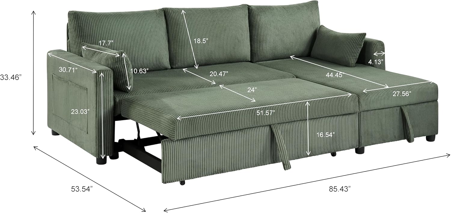 Queen Sleeper Sofa, Convertible Sofa Bed with Storage, 85 Inch Sectional Couch with Pull Out Bed, L Shaped 3 Seat Sectional Sleeper Sofa for Living Room, Apartment, Green