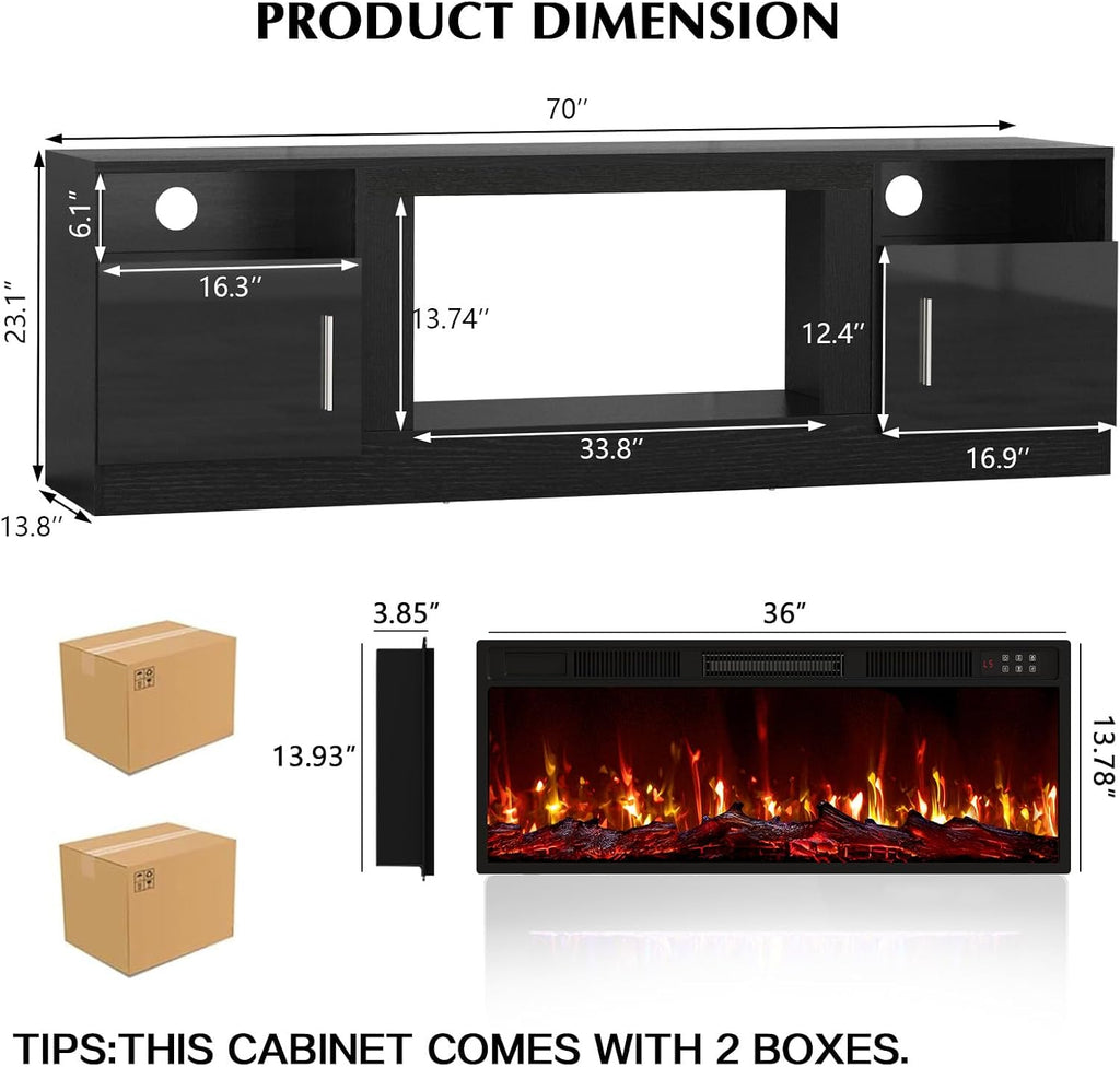 LEMBERI Fireplace tv Stand with 36 inch Fireplace Up to 80' TVs,LED Light Entertainment Center and Storage, 70' Modern Wood Media TV Console with Highlight Cabinet for Living Room (Black)