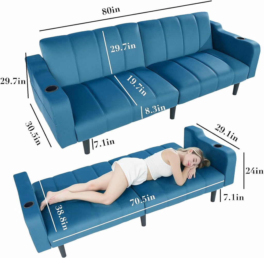 80' Velvet Futon Sofa Bed, Convertible Sleeper Loveseat with Cup Holders & Storage Pockets, Mid Century Modern Couch for Living Room, Bedroom, Office, Small Space (Dark Blue)