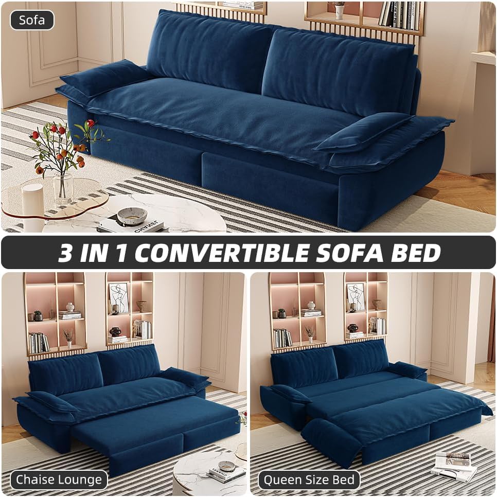 3-in-1 Convertible Sofa Bed Queen Size Pull Out Sleeper Sofa with Heavy Duty Metal Frame, Luxurious Velvet Upholstered Loveseat with 2 Pillows, Modern Folding Guest Bed for Living Room, Apartment | Removable Cushions