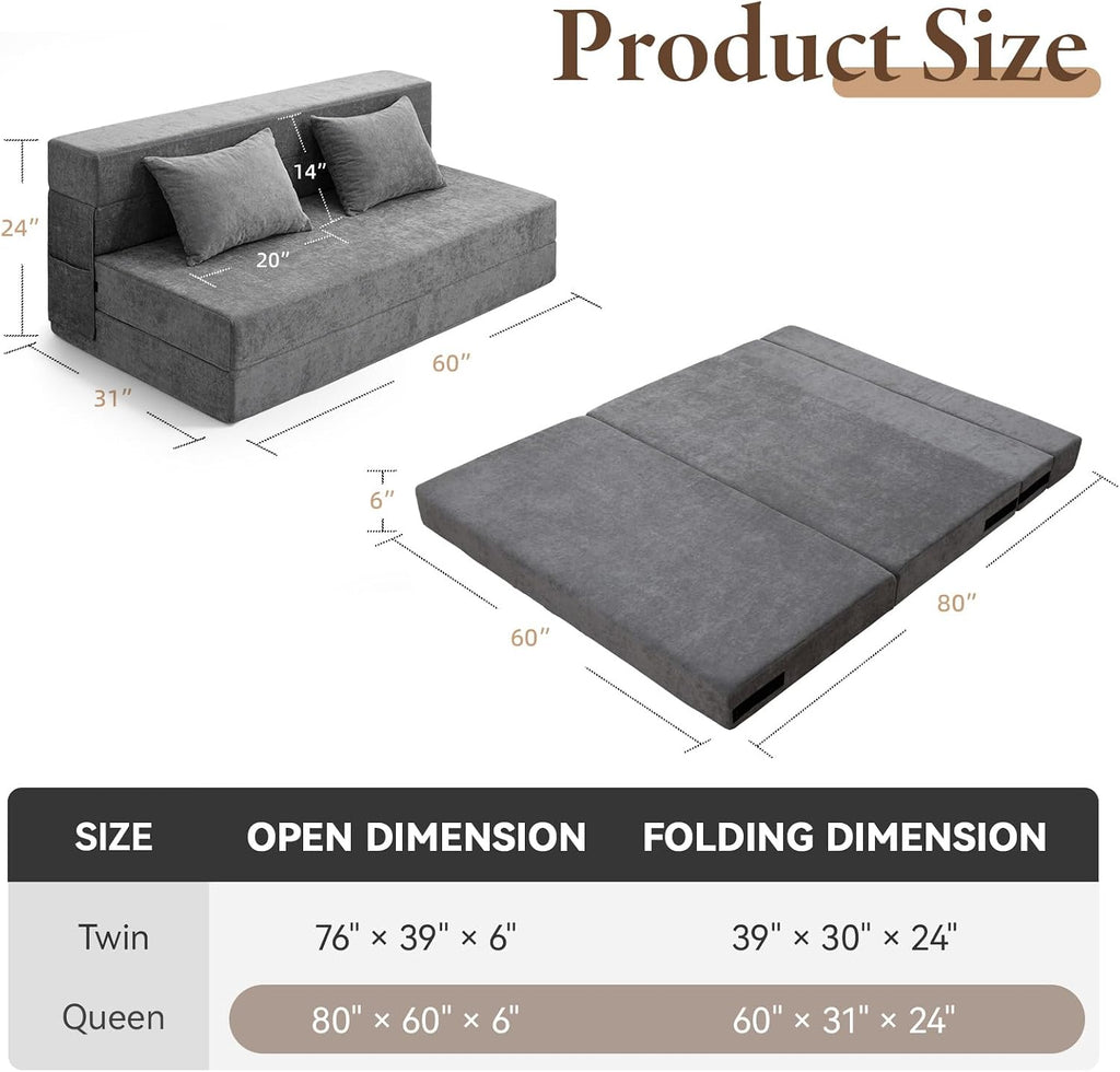 HOMFINE Folding Sofa Bed - Convertible Sleeper Chair with Pillow, Fold Out Couch, Memory Foam Floor Mattress, Futon Couch, Lazy Sofa for Living Room/Dorm/Guest Room/Home Office, Queen, Grey
