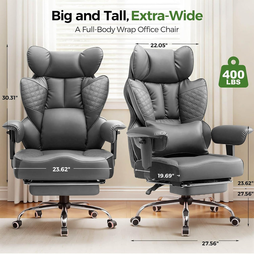 GTPOFFICE Big and Tall Office Chair 400LBS Wide Seat Computer Gaming Chair with Footrest & Comfy Lumbar Support, Leather High Back Executive Chair with Ergonomic Pressure Relief Seat Cushion, Gray
