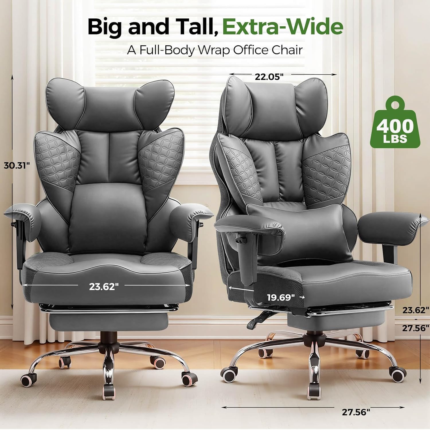 GTPOFFICE Big and Tall Office Chair 400LBS Wide Seat Computer Gaming Chair with Footrest & Comfy Lumbar Support, Leather High Back Executive Chair with Ergonomic Pressure Relief Seat Cushion, Gray