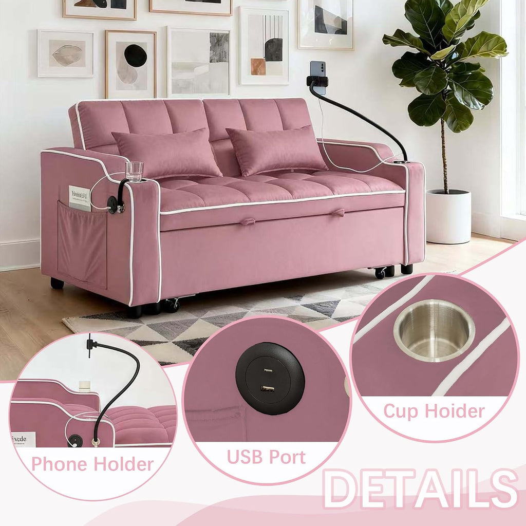 Loveseat Sofa Bed with USB Ports, Phone Holder & Cup Holders | Convertible Futon Couch for Small Spaces, Pull-Out Sleeper Sofa for Living Room & Apartments (Pink)