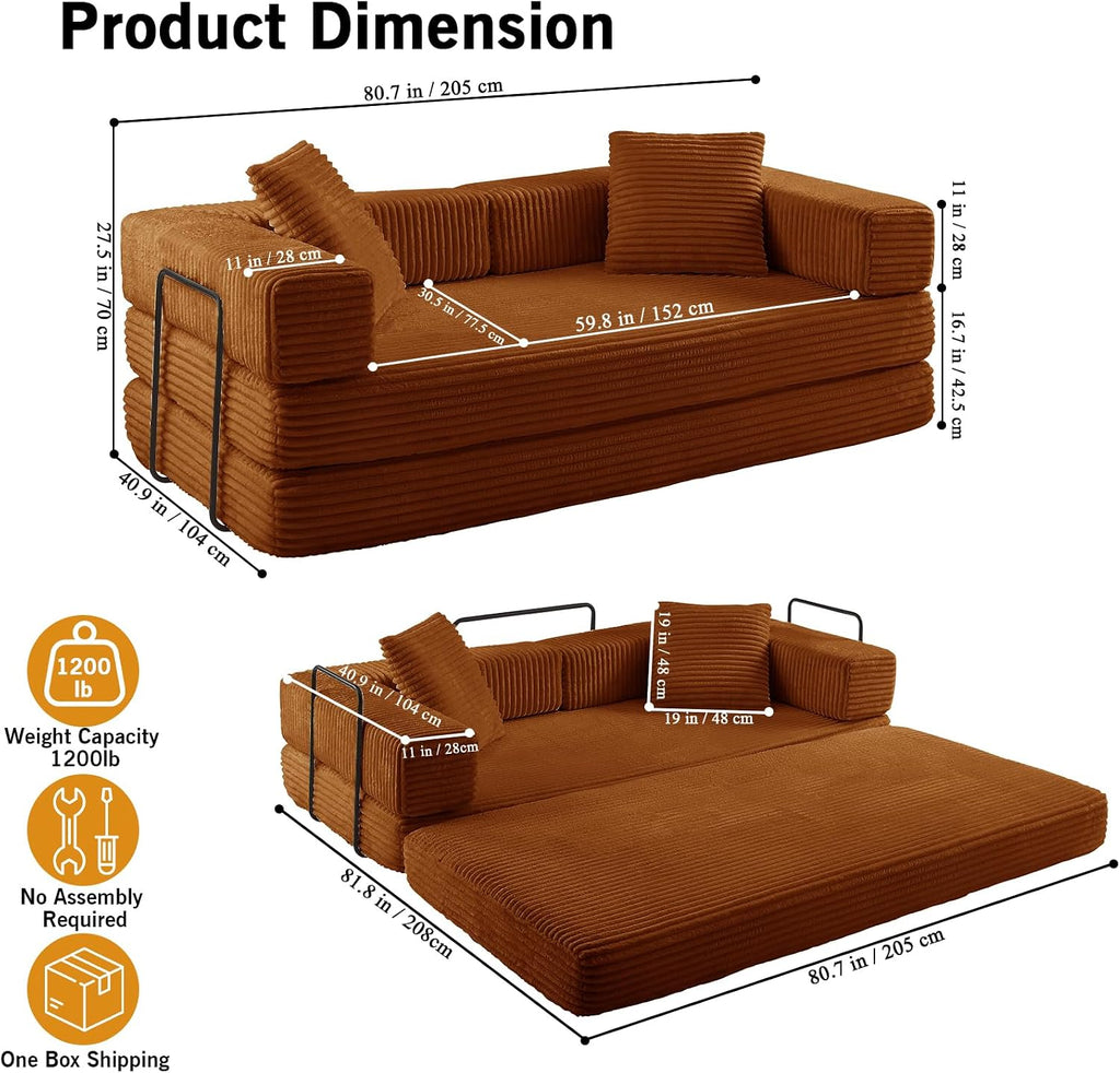 81'' Futon Sofa Bed, Folding Floor Couch Bed, Corduroy Fabric Boneless Couch, Compressed Boneless Sofa in a Box, Comfy Sleeper for Living Room-Orange