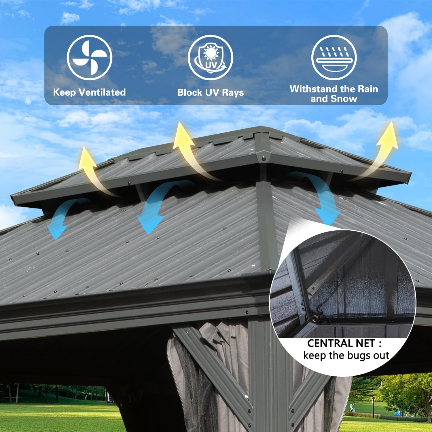Domi Hardtop Gazebo 10x12FT, Outdoor with Galvanized Steel Double Roof, Metal Gazebo with Drainage System, Detachable Curtain and Netting, Metal Pavilion for Patio Deck Garden, Gray