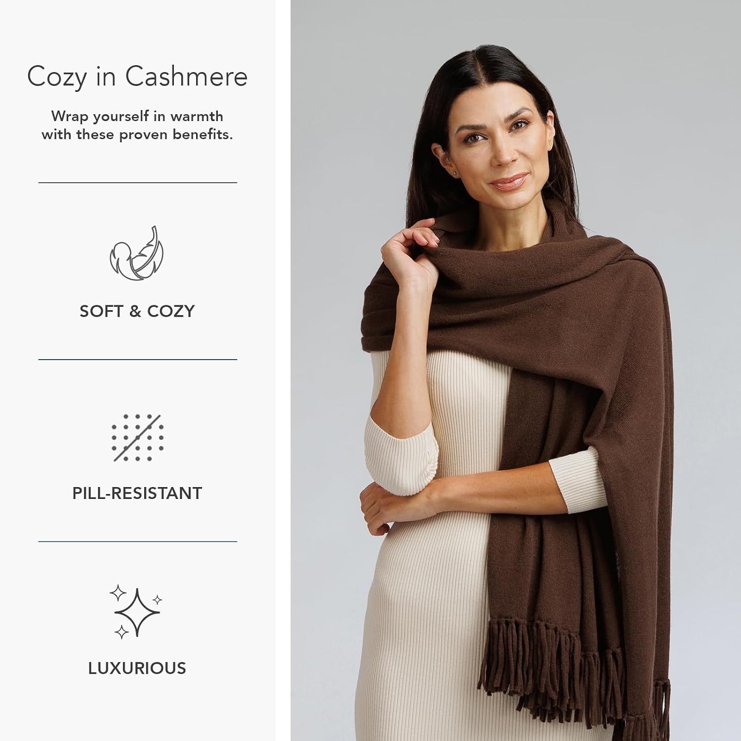 Fishers Finery Women's 100% Cashmere Knit Shawl Wrap with Fringe | Oversized 78' long by 28' wide