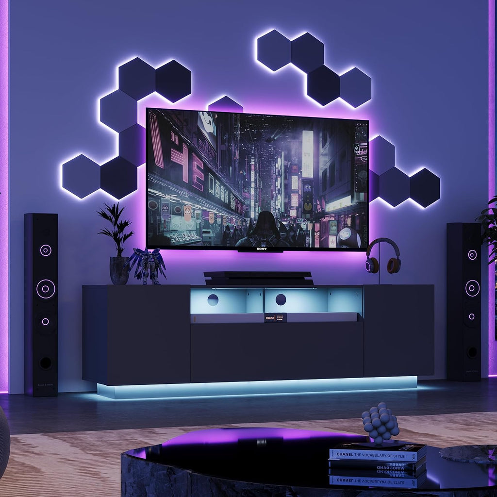 WLIVE Modern TV Stand for 65 Inch TV, Entertainment Center with LED Lights & Large Storage Cabinets, Sturdy Media Console for Living Room, Bedroom, Gaming(Black)